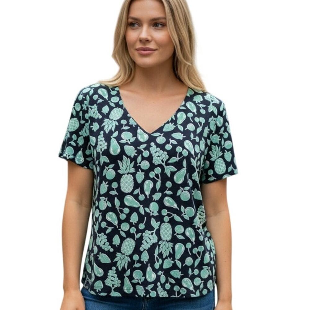 J. Jill Wearever Collection Fruit Print Tee Womens Medium Petite Navy Aqua Top